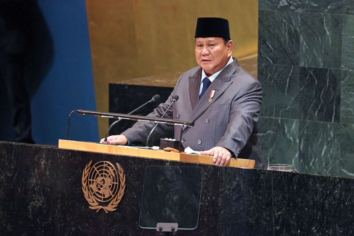 Presiden Indonesia Prabowo Subianto berbicara dalam KTT Perserikatan Bangsa-Bangsa (PBB) tentang Palestina di Markas Besar PBB di New York, Amerika Serikat, Senin (22/9/2025) waktu setempat.