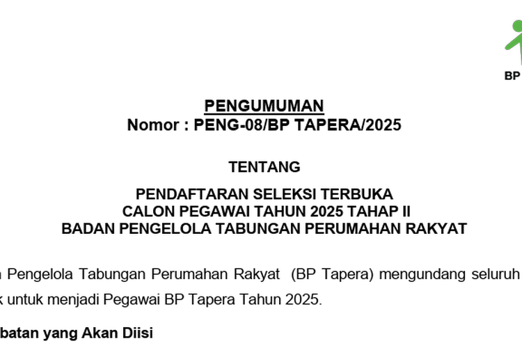 BP Tapera Buka Lowongan Kerja hingga 30 September 2025, Cek Posisi dan Syaratnya